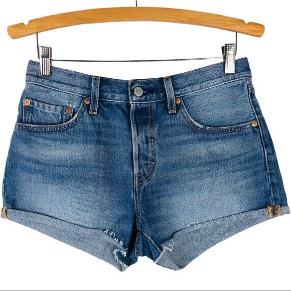 Levi's Pants - Levi’s blue 501 button fly medium wash cuffed raw hem denim jean shorts 27